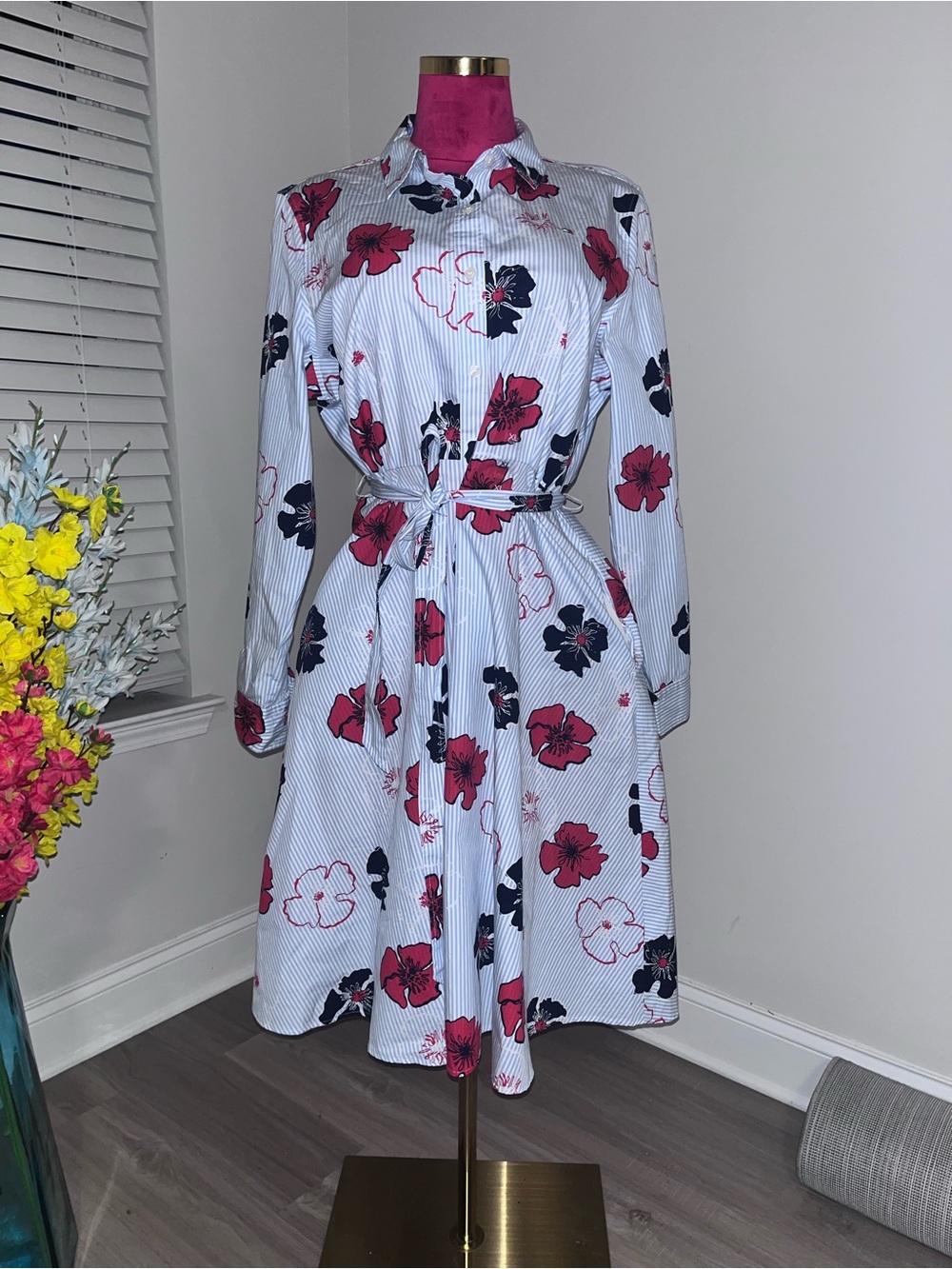 Tommy Hilfiger White Striped Shirt Dress with Red & Navy Floral Print